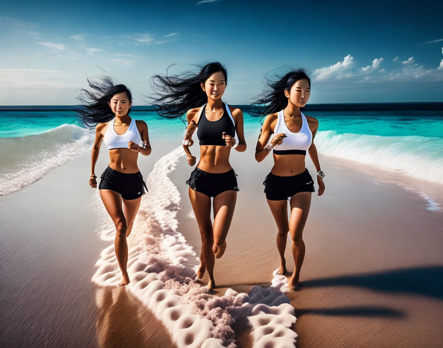 Three women running on beach with flowing hair