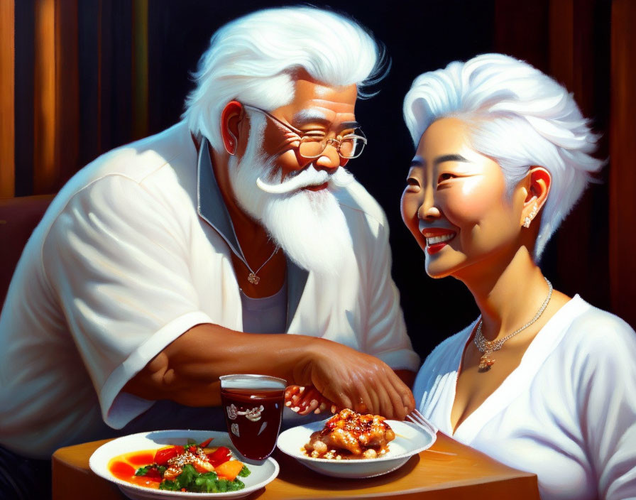 Elderly couple with white hair enjoying a meal together in warmly lit ambiance