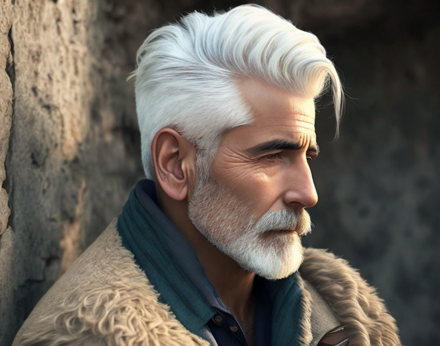 Elderly man with white beard in fur collar coat gazes thoughtfully