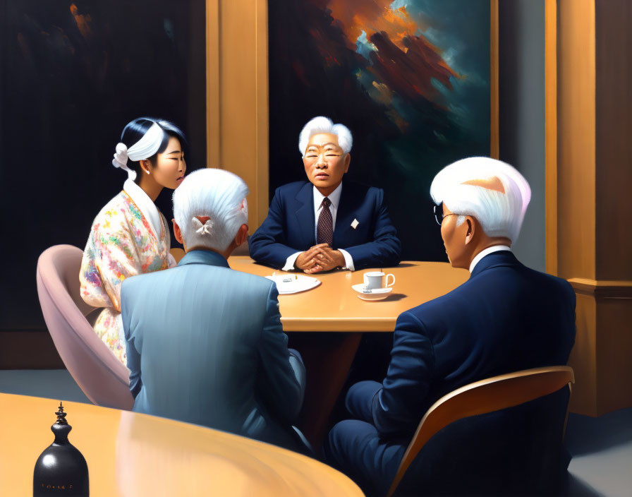 Elegant painting of four people in formal meeting with teacups and abstract art