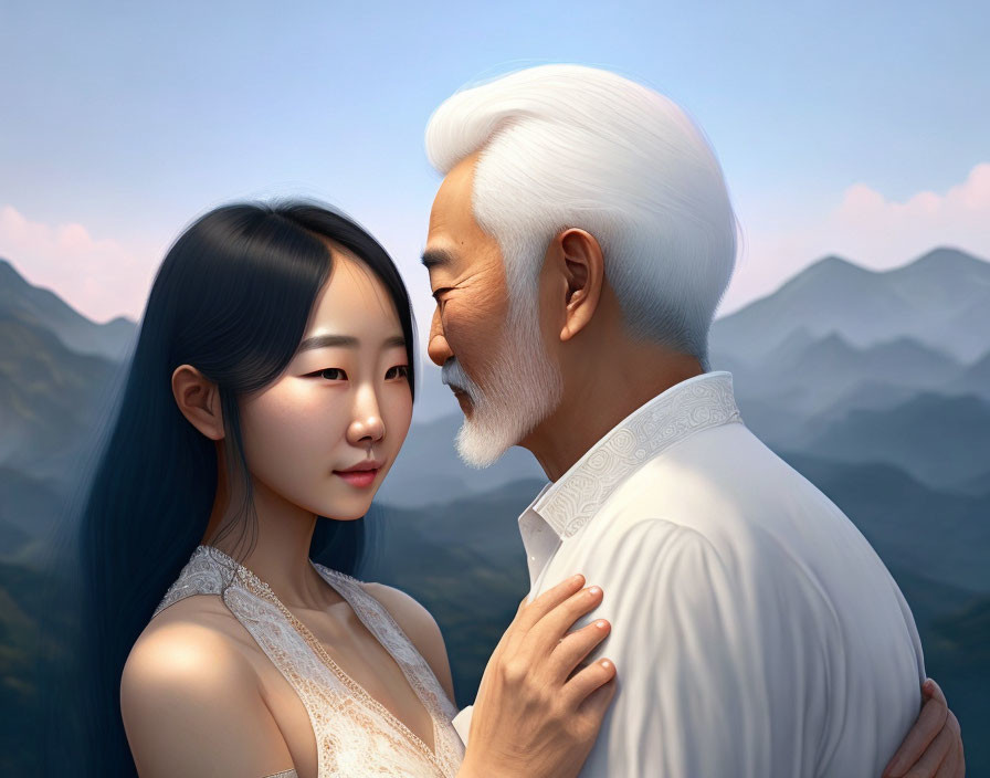 Illustration of young Asian woman and older man embracing with serene mountains.