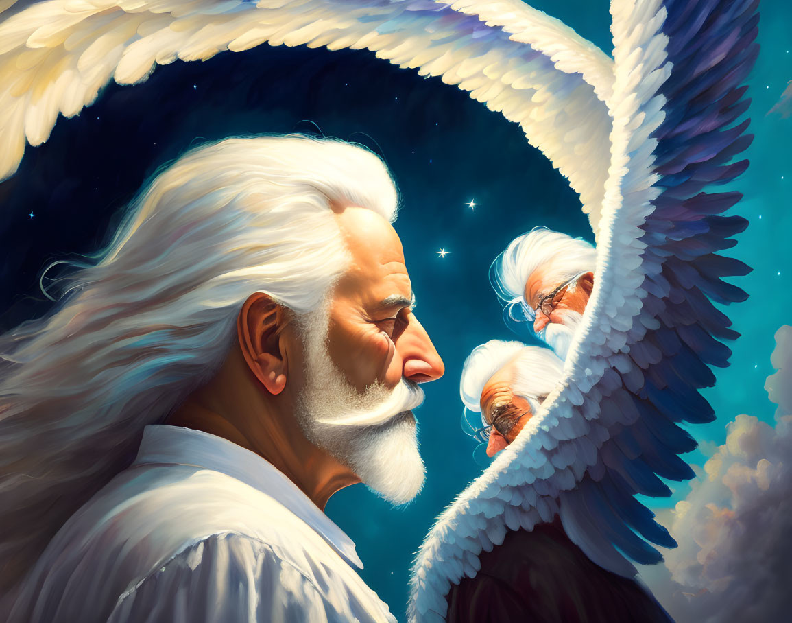 Elderly man with white hair and wings gazing at starry mirror.