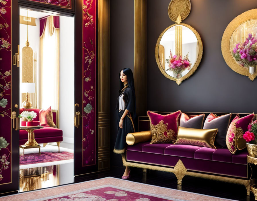 Interior with Woman by Open Door, Purple Sofa, Gold Accents & Mirrors