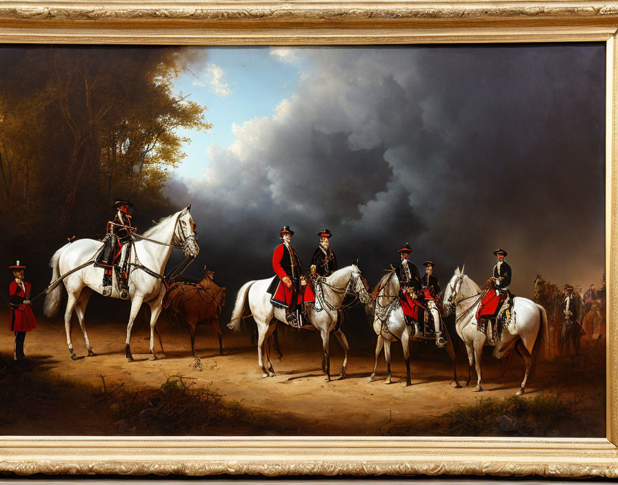 Uniformed horsemen on white horses in red jackets against dark background