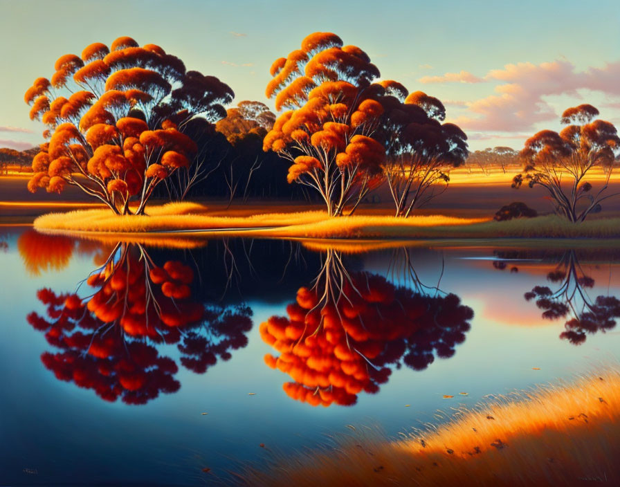 Tranquil scene of vibrant orange foliage mirrored in still water at sunset or sunrise