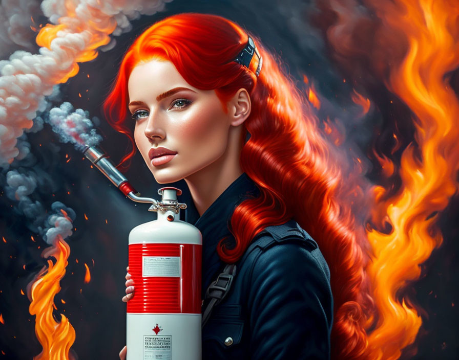 Vivid red-haired woman in firefighter's uniform with smoking fire extinguisher amidst flames