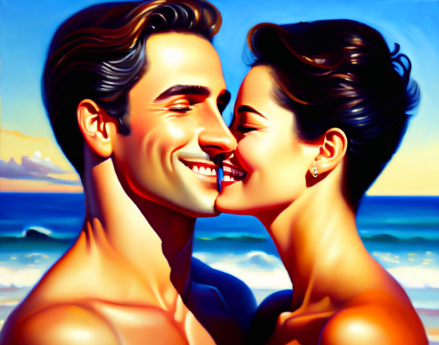 Smiling couple illustration with beach backdrop