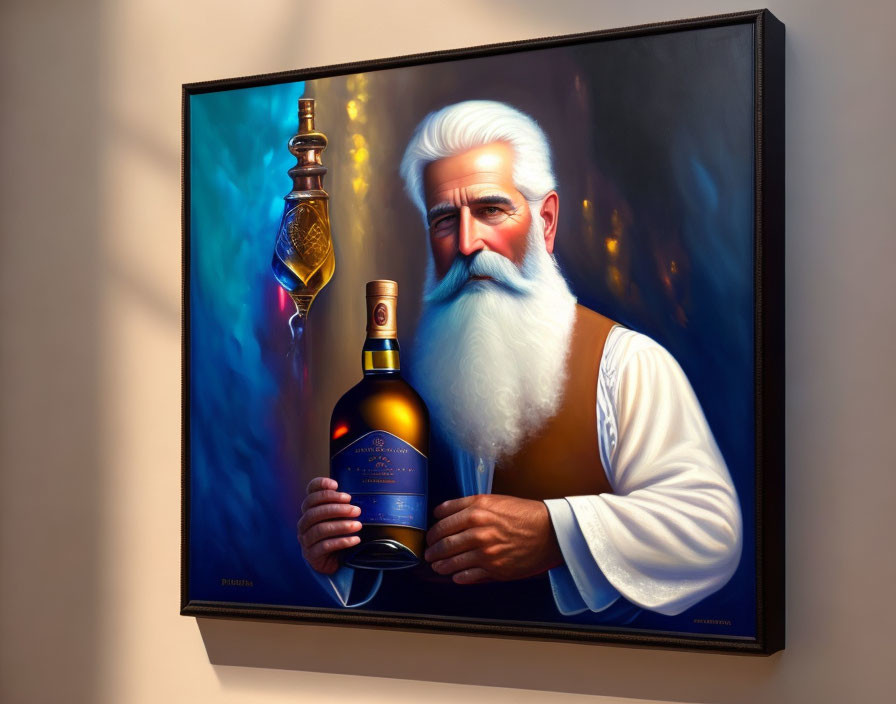 Elderly man with white beard holding whiskey bottle and glass