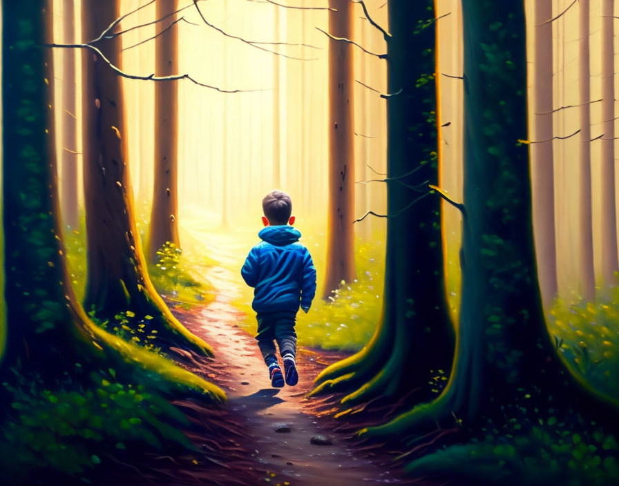 Child walking in forest path towards bright light amid tall trees