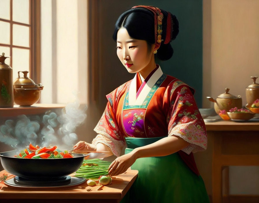 Traditional Korean woman cooks vegetables in hanbok by sunny window