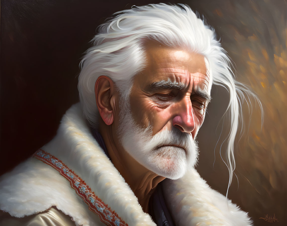 Elderly man in fur-lined coat with white hair and beard in contemplative pose