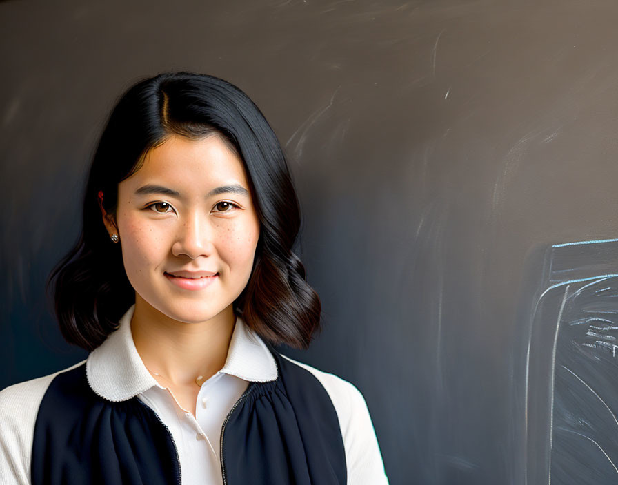 Dark-haired woman in white blouse and dark vest standing by blackboard