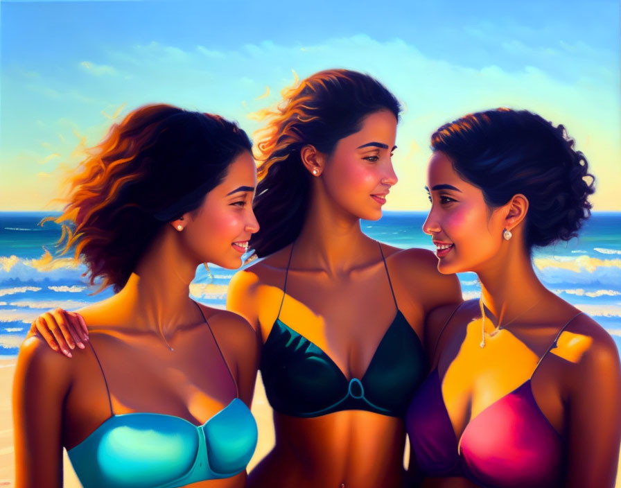 Three women in bikinis smiling by seaside waves and sky.