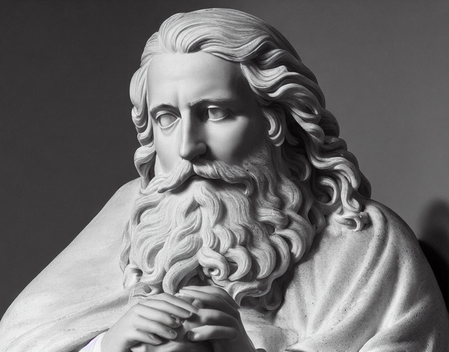 Monochrome sculpture of contemplative figure with long hair and beard