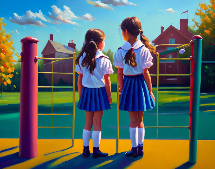 Two Girls in School Uniforms at Playground Bars Facing Sunny Landscape