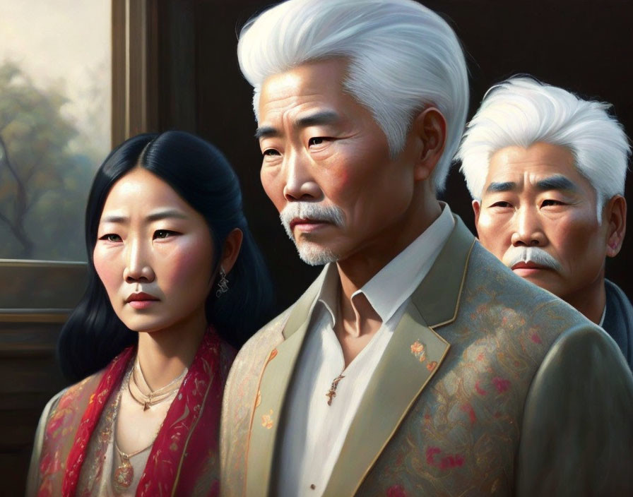 Digital Painting: Three Asian Individuals with Solemn Expressions