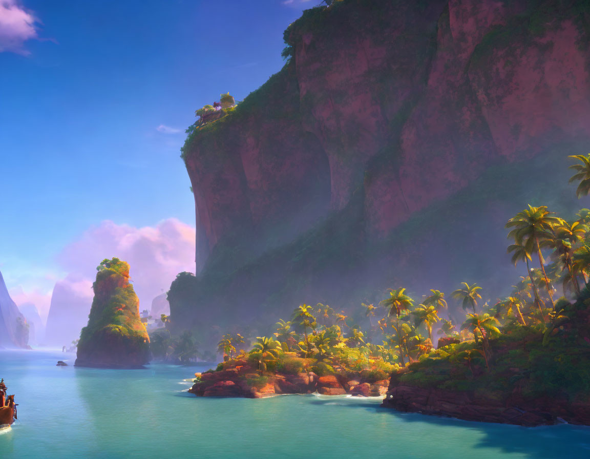 Tropical Island with Towering Cliffs and Palm Trees