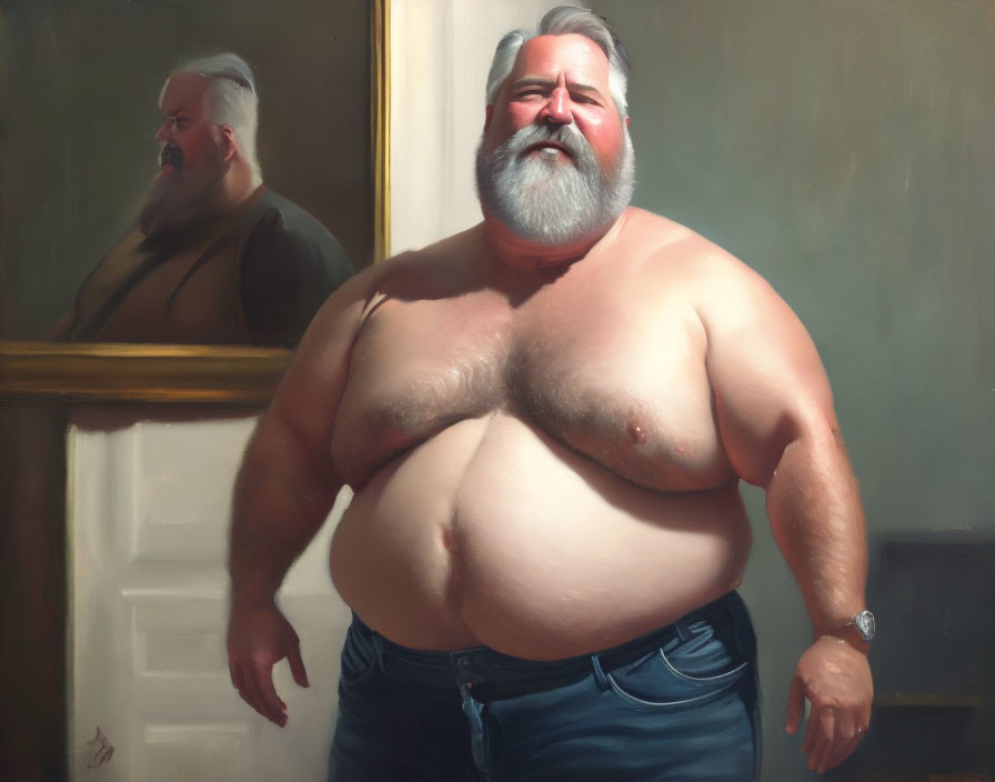 Portrait of heavyset, bearded man in jeans and watch, gazing at mirror.