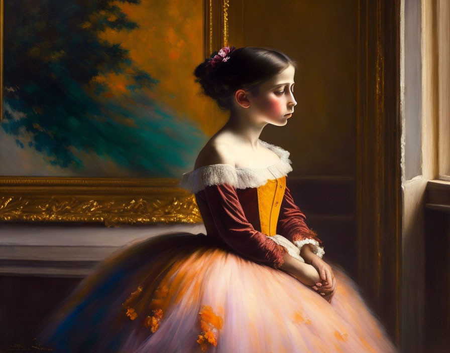 Classic-style painting of young girl in pastel dress with ruffled collar and flower, gazing out