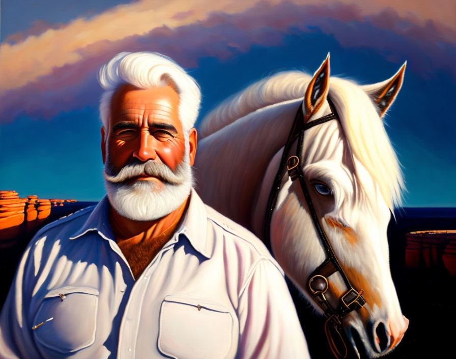 Elderly man with white hair and horse under cloudy sunset sky