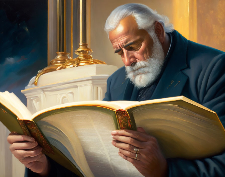 Elderly man reading large book under warm light