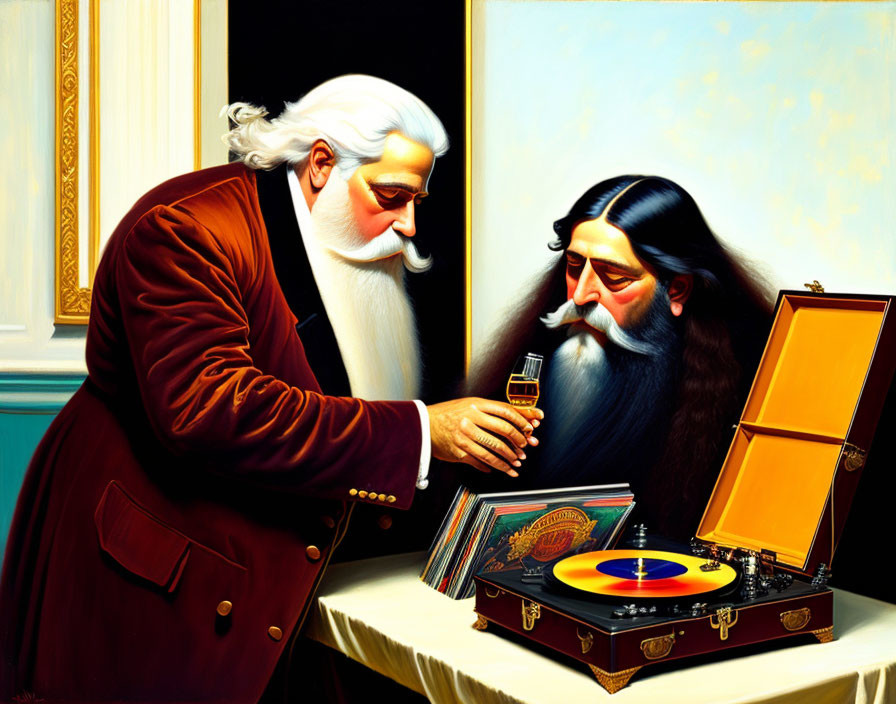 Victorian bearded men listening to phonograph in music scene