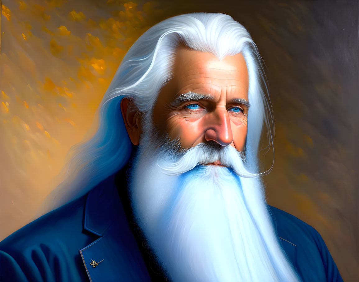 Elderly man portrait with white beard and blue coat on amber background