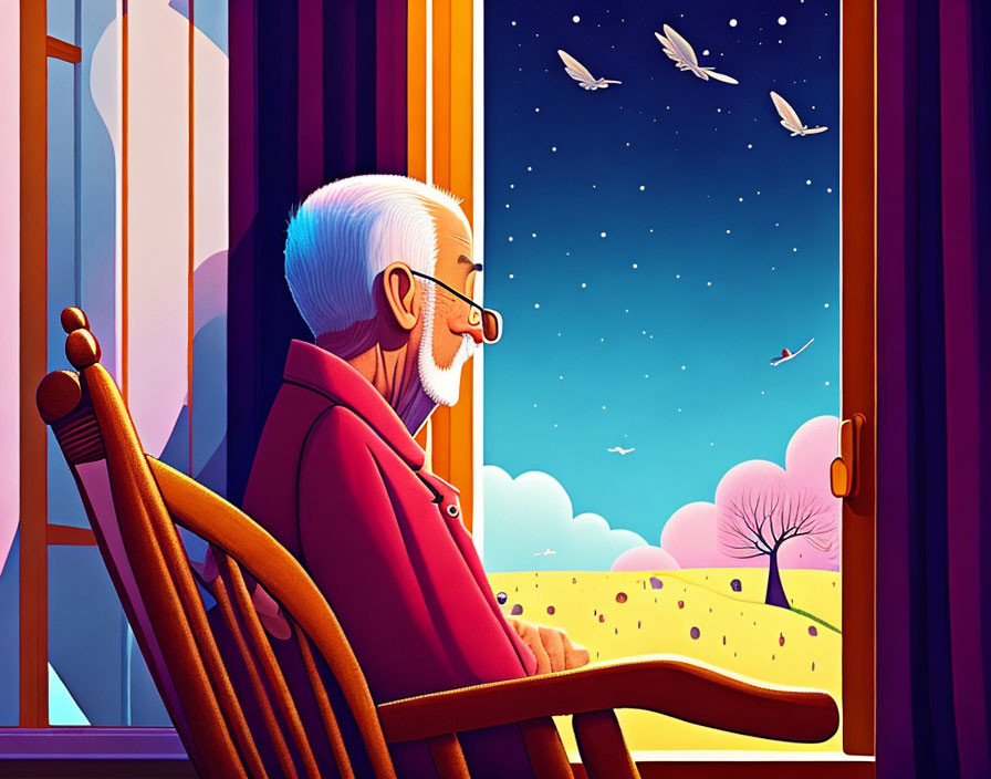 Elderly man in rocking chair gazes at twilight landscape