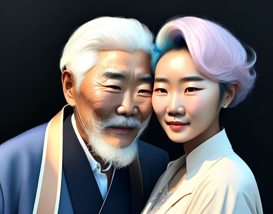 Intimate portrait of older man and young woman with colorful hair on dark background