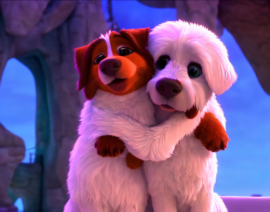 Two animated dogs in brown and white fur embrace under purple lighting