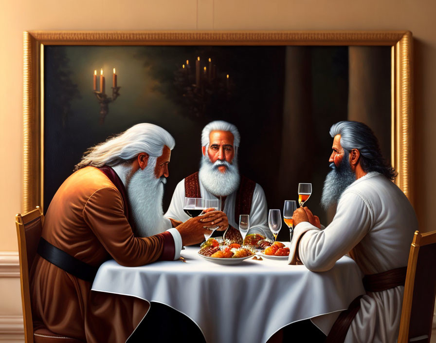 Three bearded men dining by candlelight with a reflection in a painting.