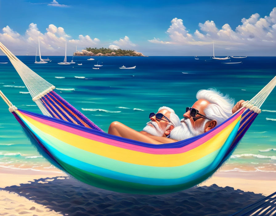 Elderly men with white beards in hammock by tropical beach