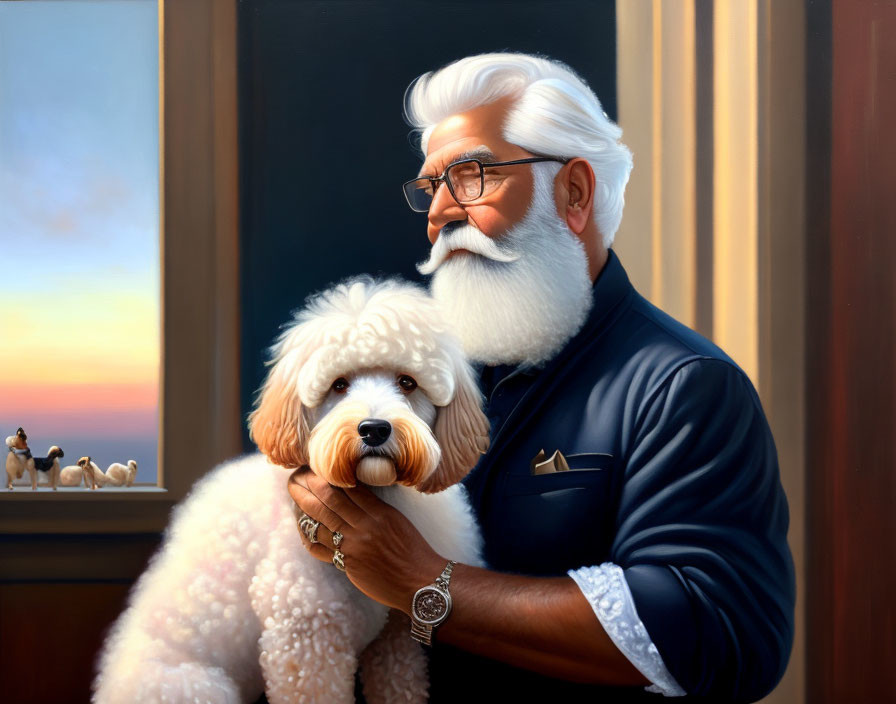 Elderly Man with White Beard Holding White Dog