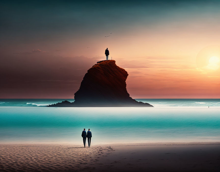 Person on Rock Formation at Beach Sunset with Bird and Two People Walking