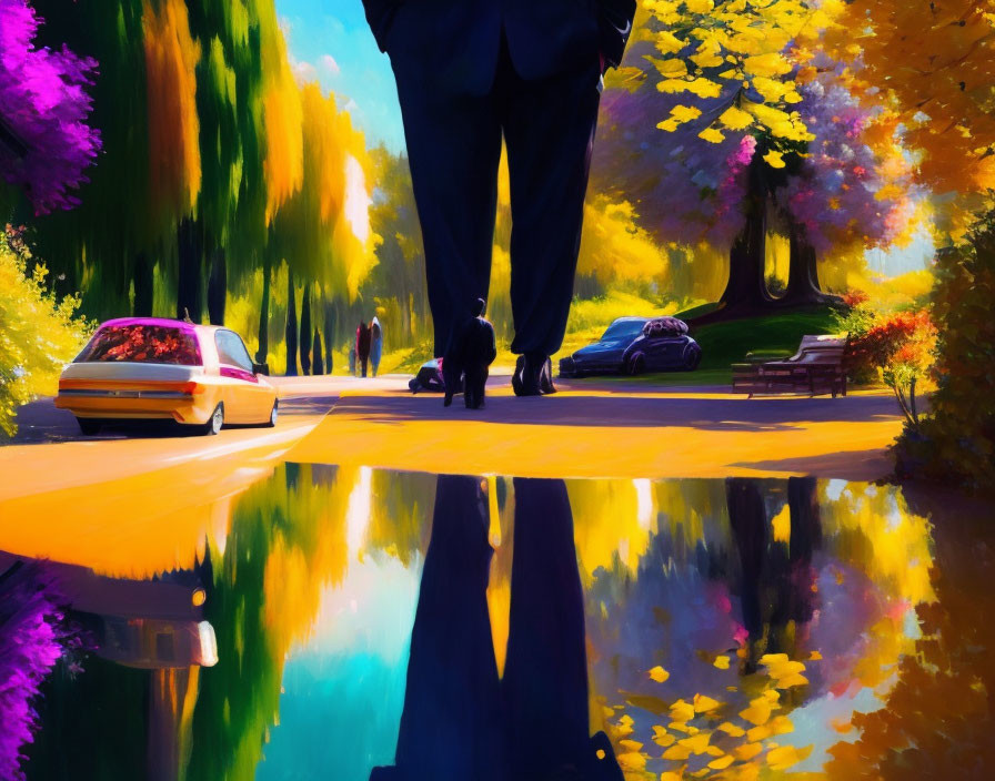 Colorful painting of person walking down tree-lined path with parked cars and distant figures, reflected.