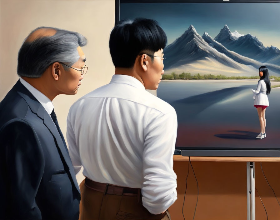 Men in business attire observing woman painting mountains on easel