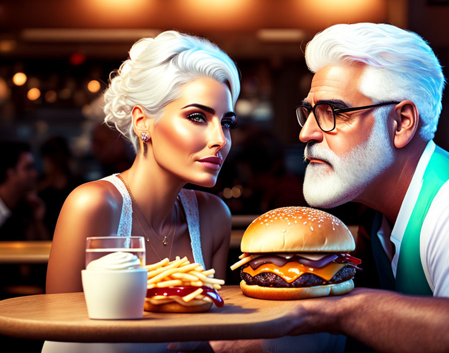 Elderly couple in restaurant: man offers burger, fries, and milkshake