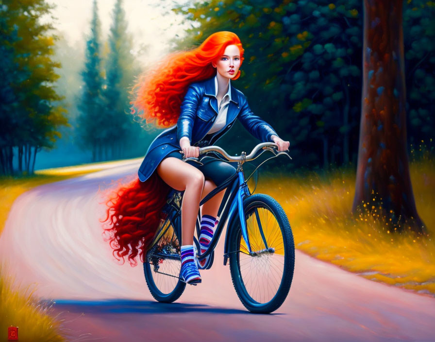 Woman with Long Red Hair Riding Bicycle in Forest Path