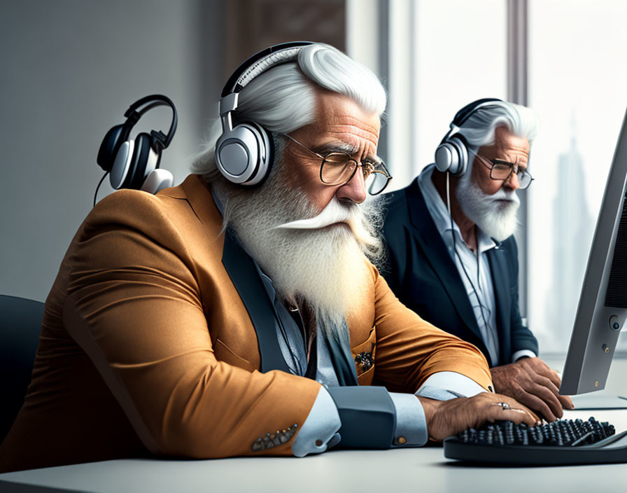 Elderly animated characters in headphones at office computers