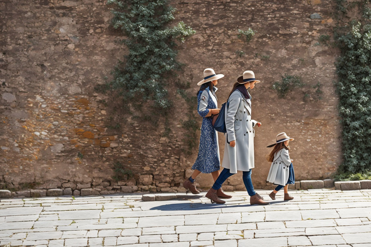 Three people in stylish hats and coats walking by stone wall and greenery on sunny day