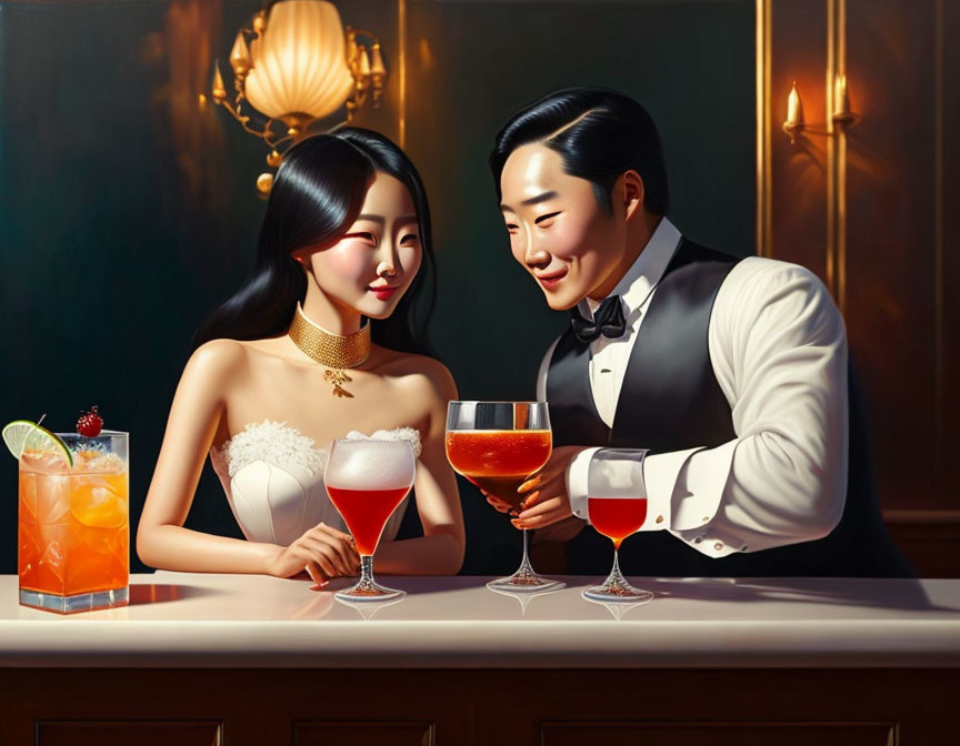 Stylish couple in formal attire with cocktails at upscale bar