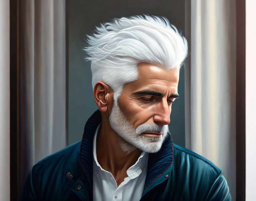 Elderly man with white hair and navy jacket illustration