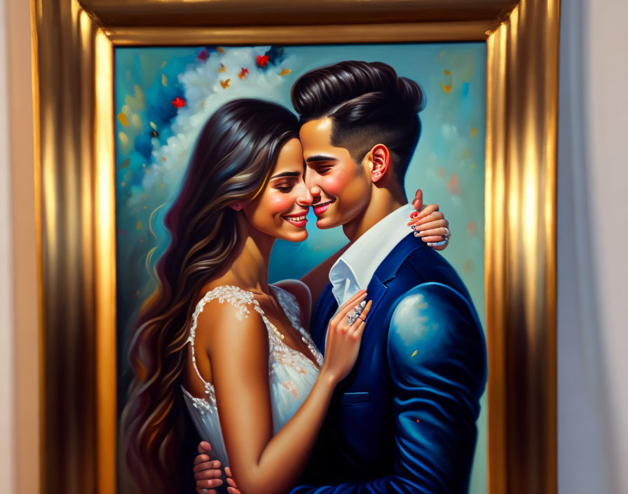 Smiling couple embracing in wedding attire portrait frame