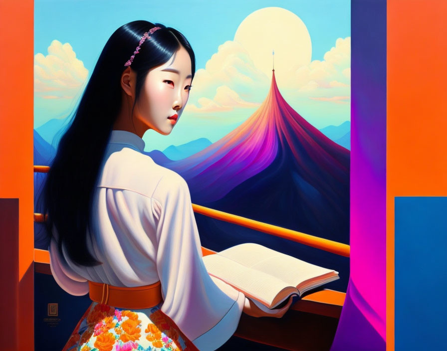 Stylized painting of woman in traditional attire reading book with colorful mountain landscape.