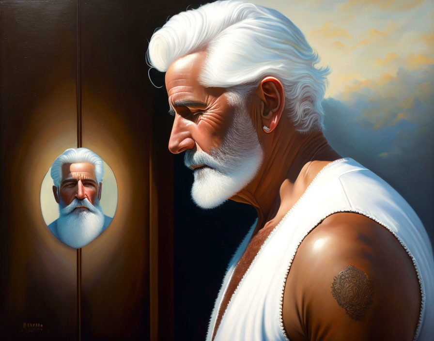 Elderly man with white beard gazes into mirror against warm skies