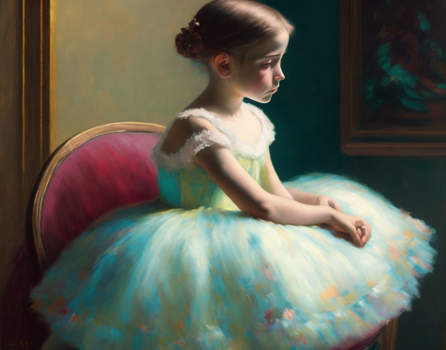 Young girl in pastel blue ballet dress sitting on red velvet chair against impressionist-style painting background