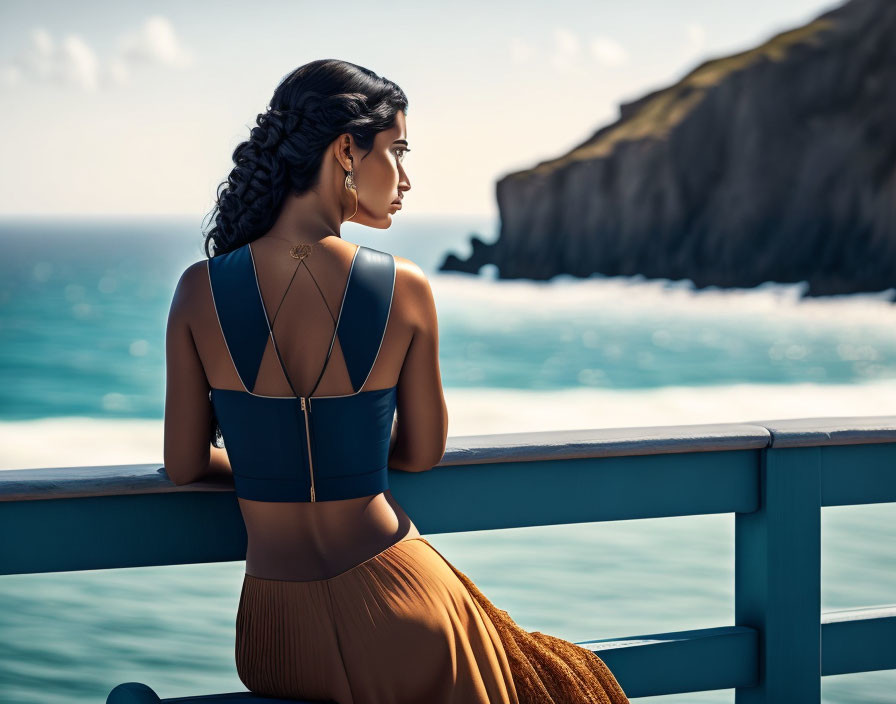 Woman in stylish top and skirt admiring sea view from coastal railing