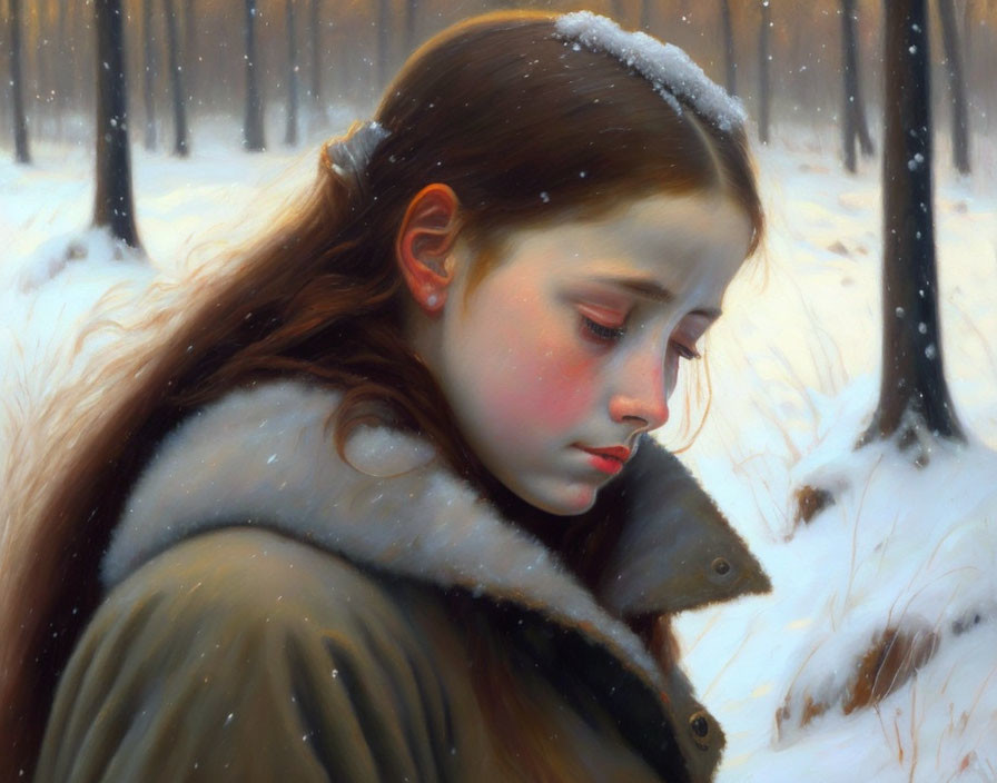 Winter-themed painting: Young girl in coat with snowflakes, snowy forest backdrop