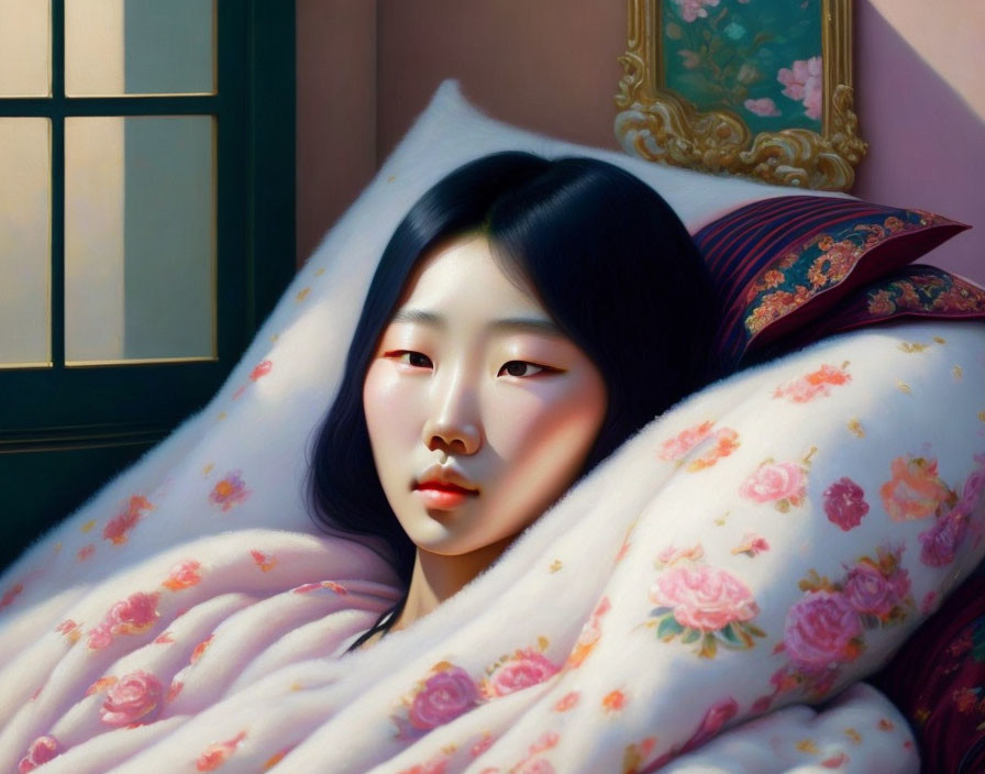 Hyperrealistic Painting: Person on Bed with Floral Sheets in Sunlight