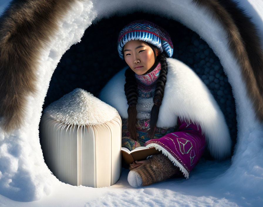 Girl in warm clothing reading book inside igloo with light filtering in and snow outside